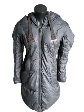 Tahari Hooded Long Quilted Puffer Jacket - Gray- 60% Down
